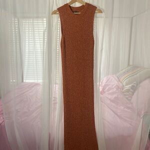Rusted orange knitted ribbed midaxi column dress